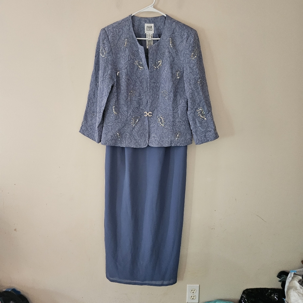 R&M Richards 2 Piece Dress And Jacket Set Sleeveless Maxi Dress Blue Size 14